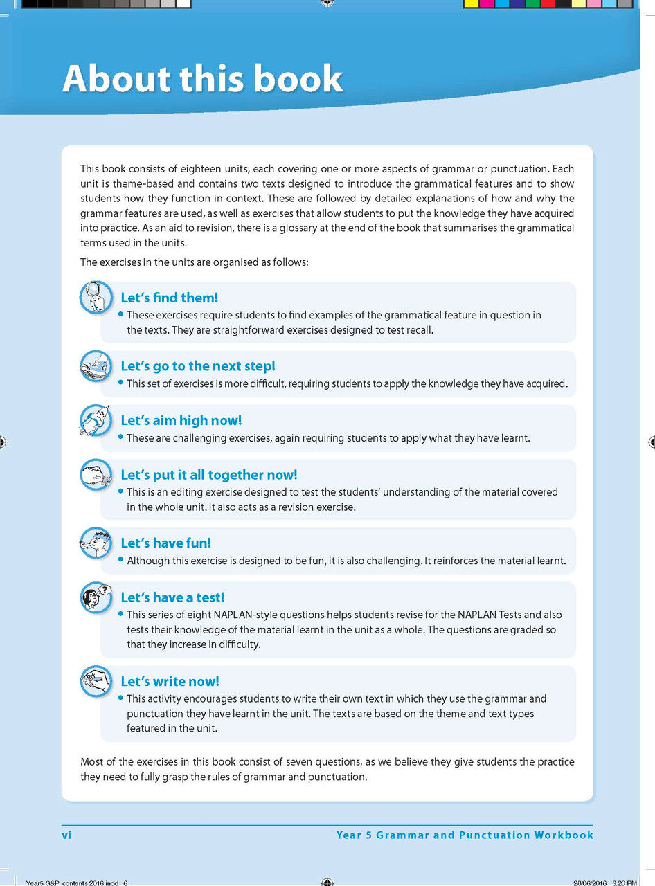 Front-section page vi of Excel Grammar and Punctuation Workbook Year 5, part of the introductory pages that come before the themed units
