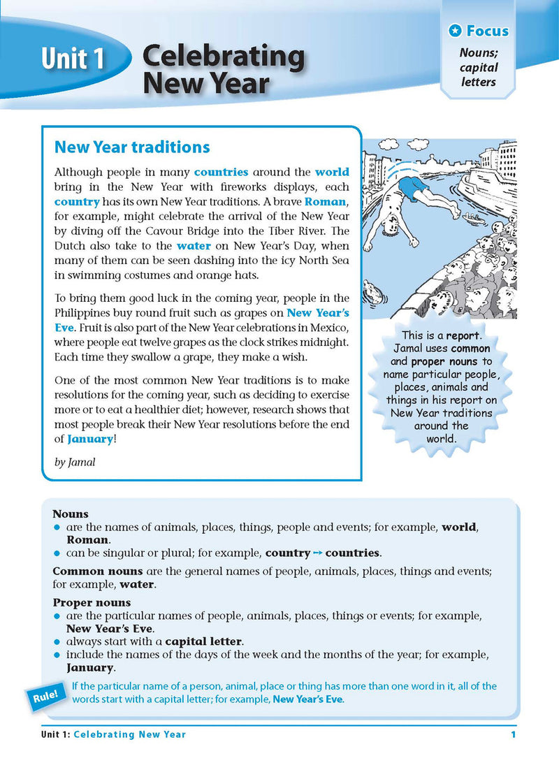 Sample interior page 1 from Excel Grammar and Punctuation Workbook Year 5 showing the workbook's English activities and questions