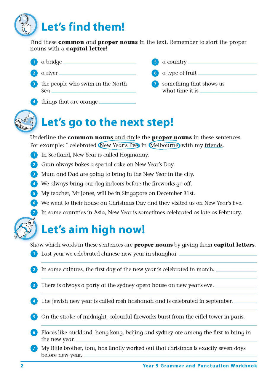 Sample interior page 2 from Excel Grammar and Punctuation Workbook Year 5 showing the workbook's English activities and questions