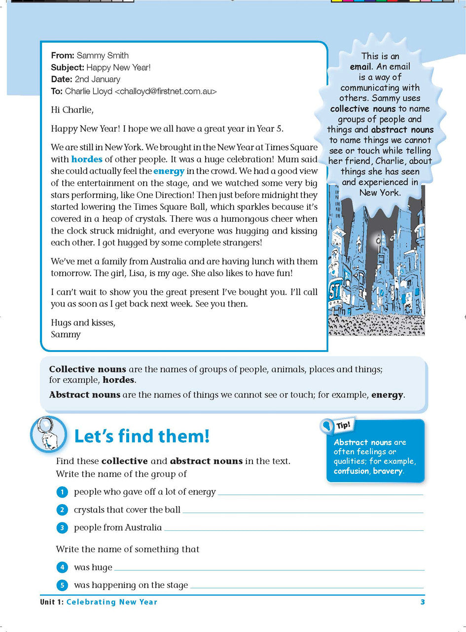 Sample interior page 3 from Excel Grammar and Punctuation Workbook Year 5 showing the workbook's English activities and questions
