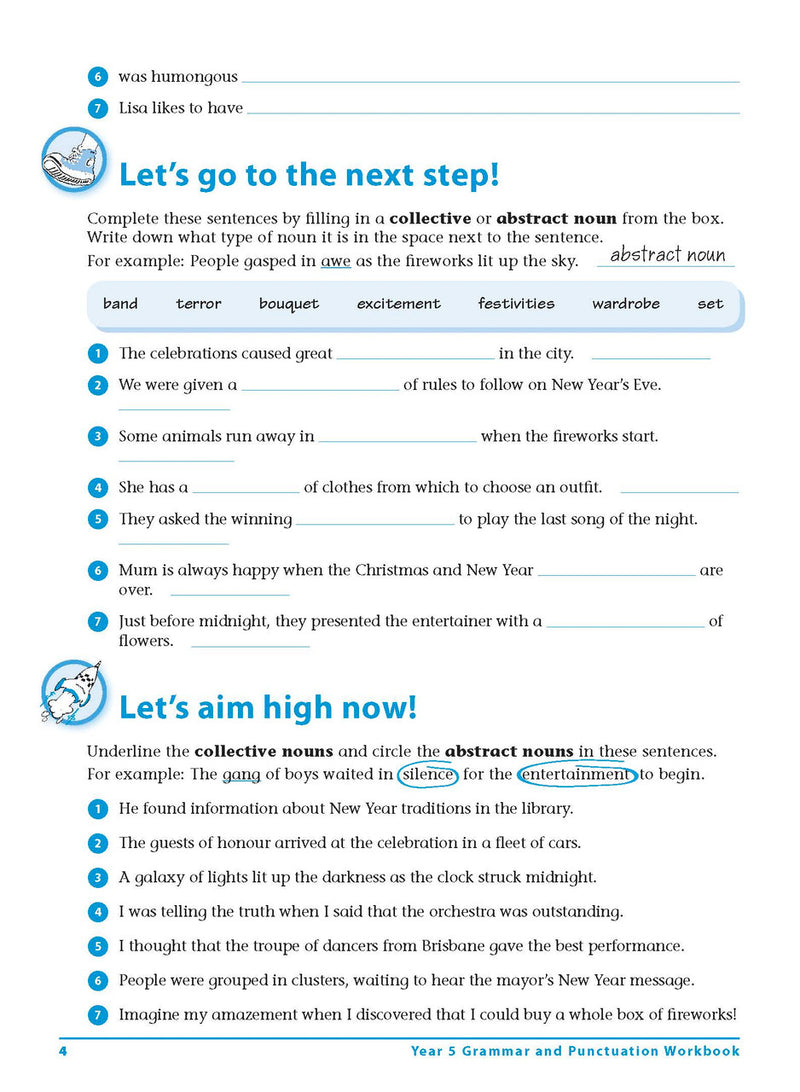 Sample interior page 4 from Excel Grammar and Punctuation Workbook Year 5 showing the workbook's English activities and questions