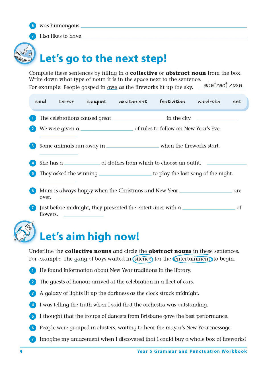 Sample interior page 4 from Excel Grammar and Punctuation Workbook Year 5 showing the workbook's English activities and questions
