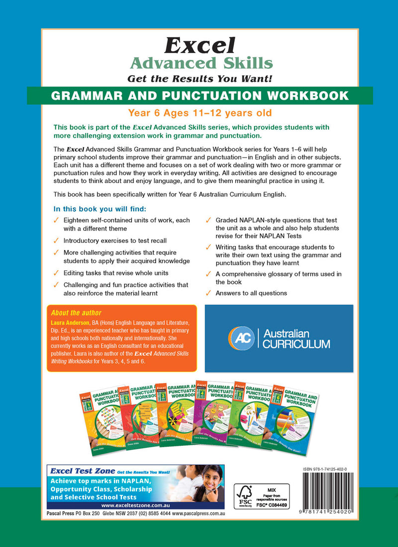 Back cover of Excel Advanced Skills Grammar and Punctuation Workbook Year 6 showing the publisher's summary of the book and the Excel Advanced Skills series