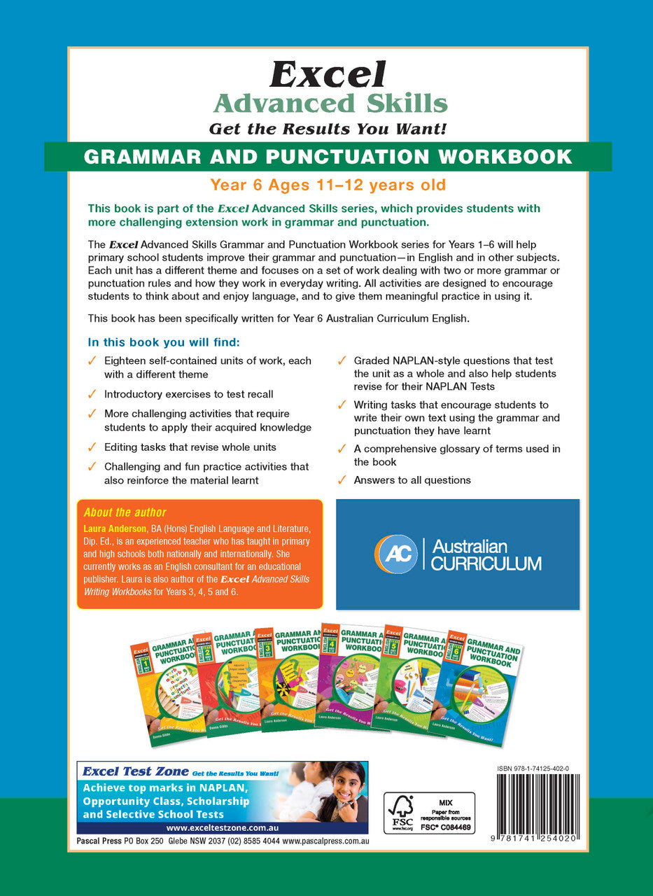 Back cover of Excel Advanced Skills Grammar and Punctuation Workbook Year 6 showing the publisher's summary of the book and the Excel Advanced Skills series