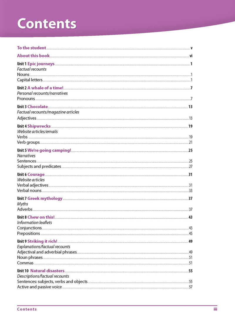 Contents page from Excel Advanced Skills Grammar and Punctuation Workbook Year 6 listing the units and sections of the workbook