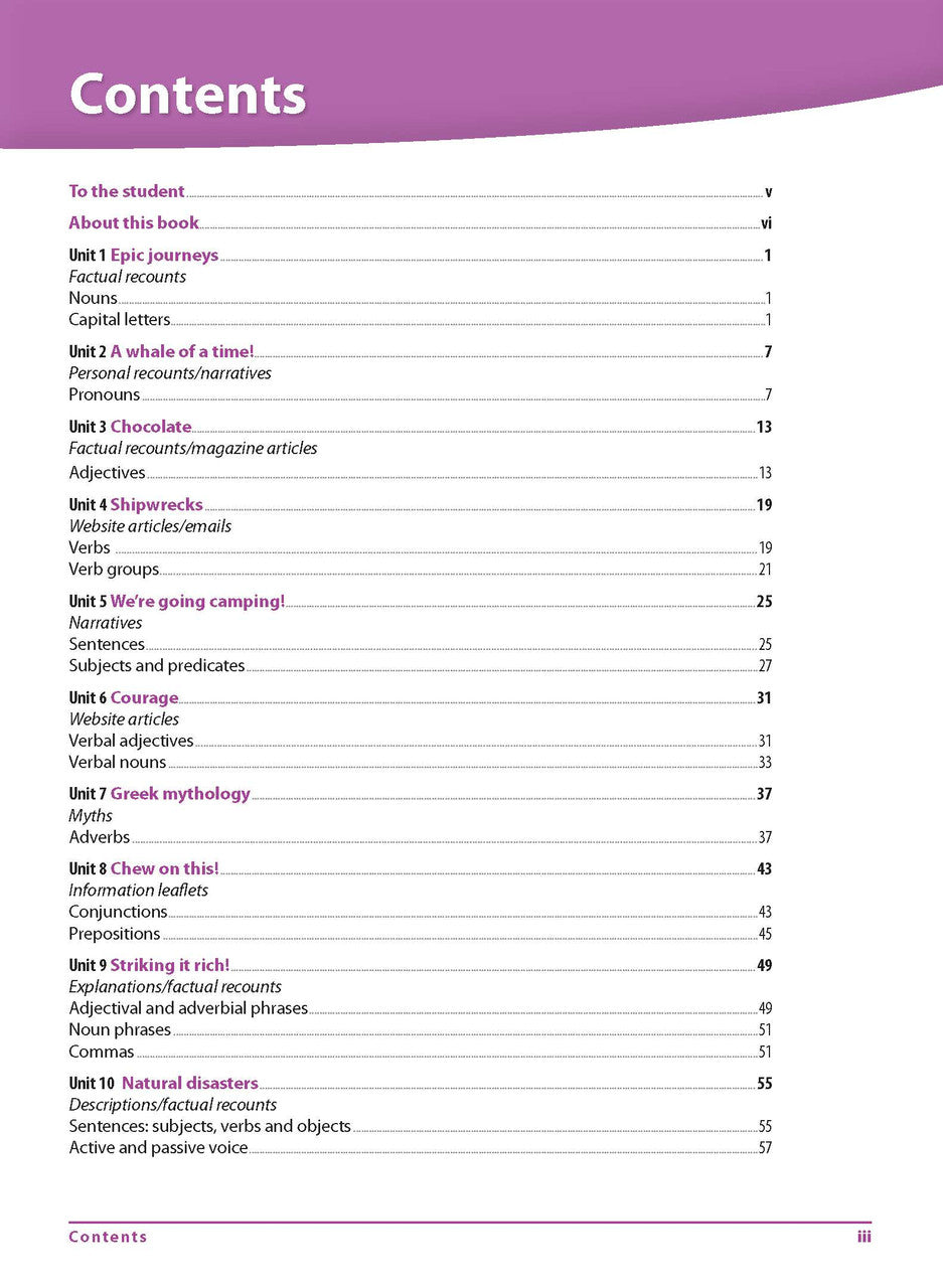 Contents page from Excel Advanced Skills Grammar and Punctuation Workbook Year 6 listing the units and sections of the workbook