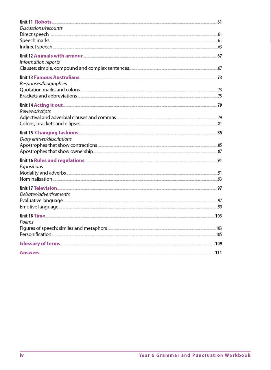 Contents page from Excel Advanced Skills Grammar and Punctuation Workbook Year 6 listing the units and sections of the workbook
