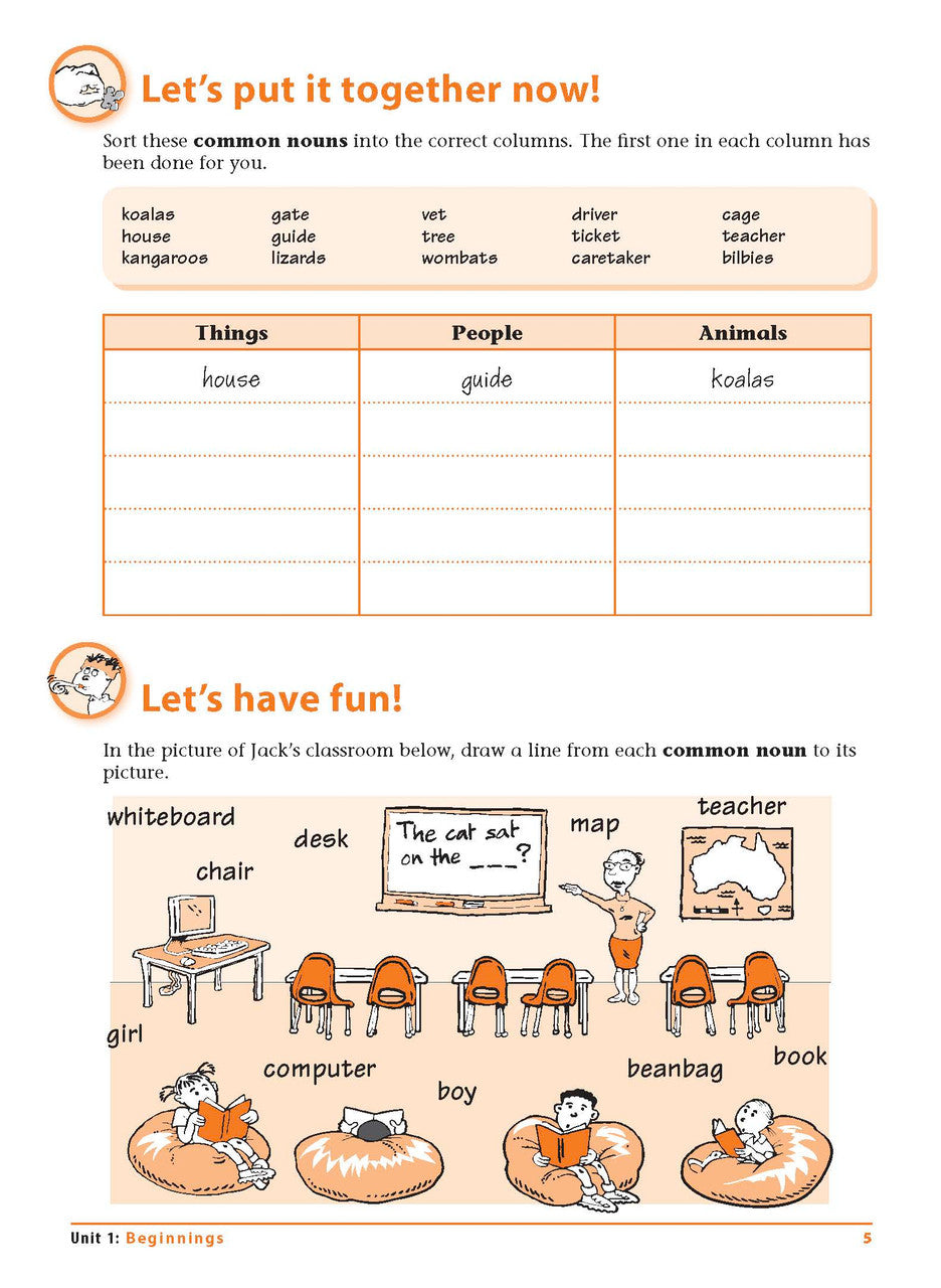Sample interior page 5 from Excel Grammar and Punctuation Workbook Year 1 showing the workbook's English activities and questions