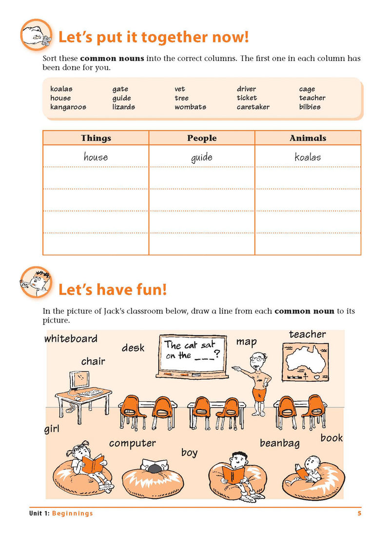 Sample interior page 5 from Excel Grammar and Punctuation Workbook Year 1 showing the workbook's English activities and questions