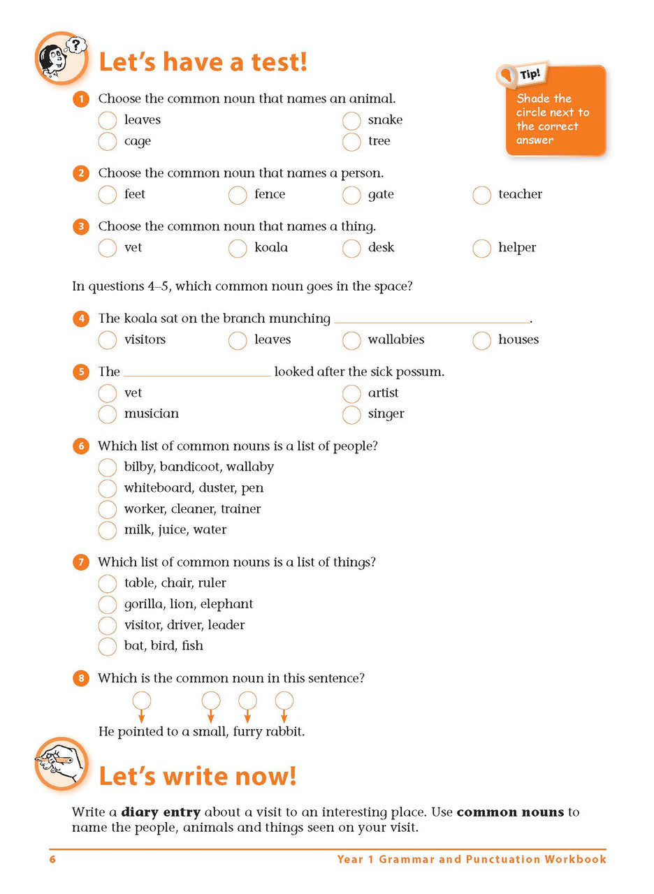 Sample interior page 6 from Excel Grammar and Punctuation Workbook Year 1 showing the workbook's English activities and questions