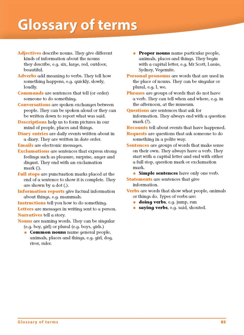 Sample interior page 85 from Excel Grammar and Punctuation Workbook Year 1 showing the workbook's English activities and questions