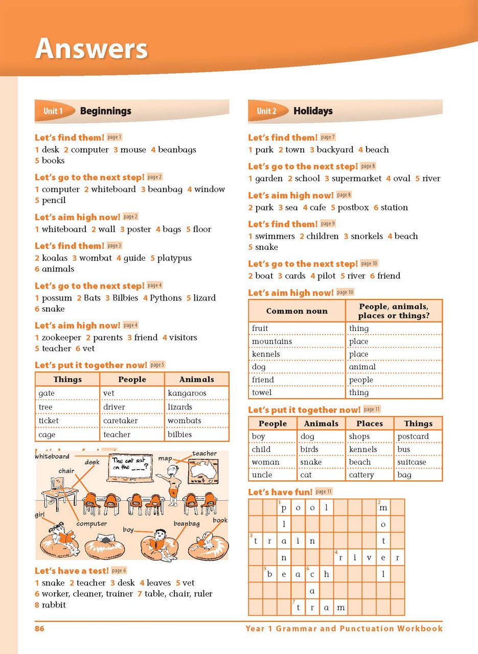 Sample interior page 86 from Excel Grammar and Punctuation Workbook Year 1 showing the workbook's English activities and questions