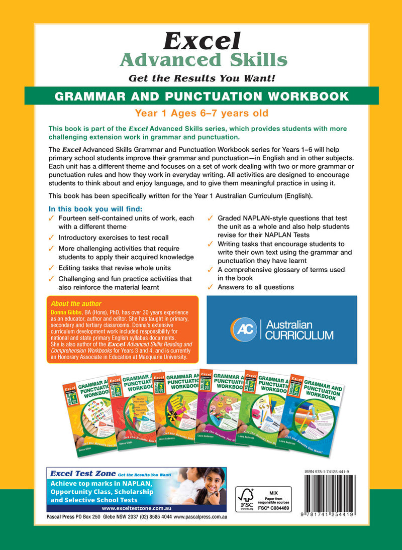 Back cover of Excel Grammar and Punctuation Workbook Year 1 with the publisher's summary of what the workbook covers