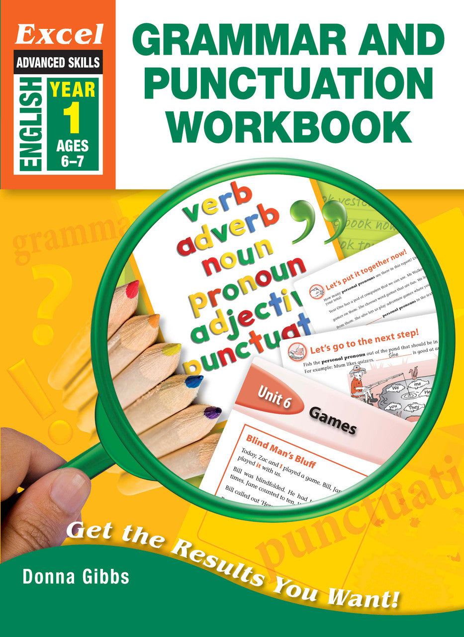 Front cover of Excel Grammar and Punctuation Workbook Year 1, showing the Excel Advanced Skills series branding, title and year level
