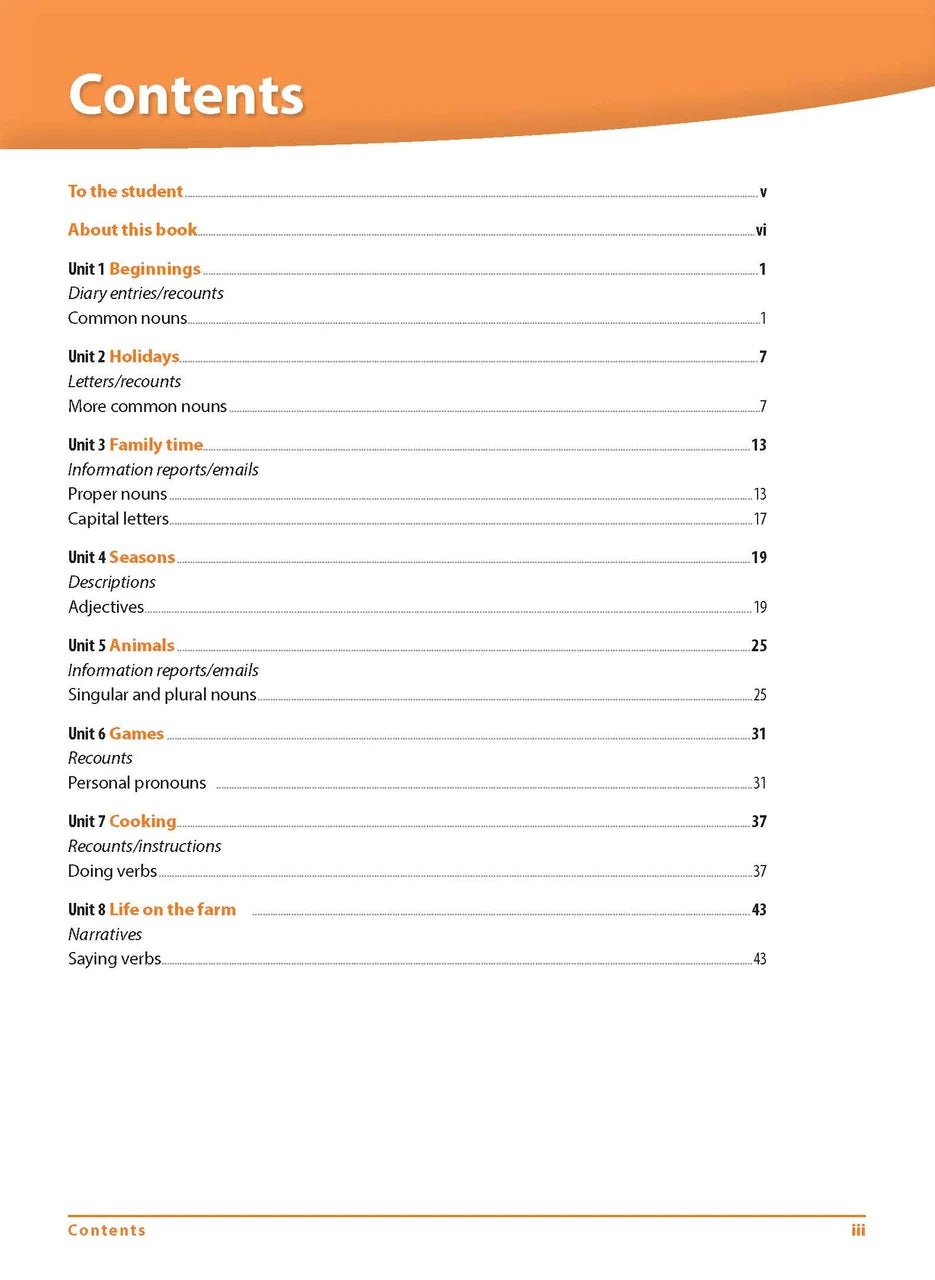 Contents page iii of Excel Grammar and Punctuation Workbook Year 1 listing the themed units, glossary and answers section