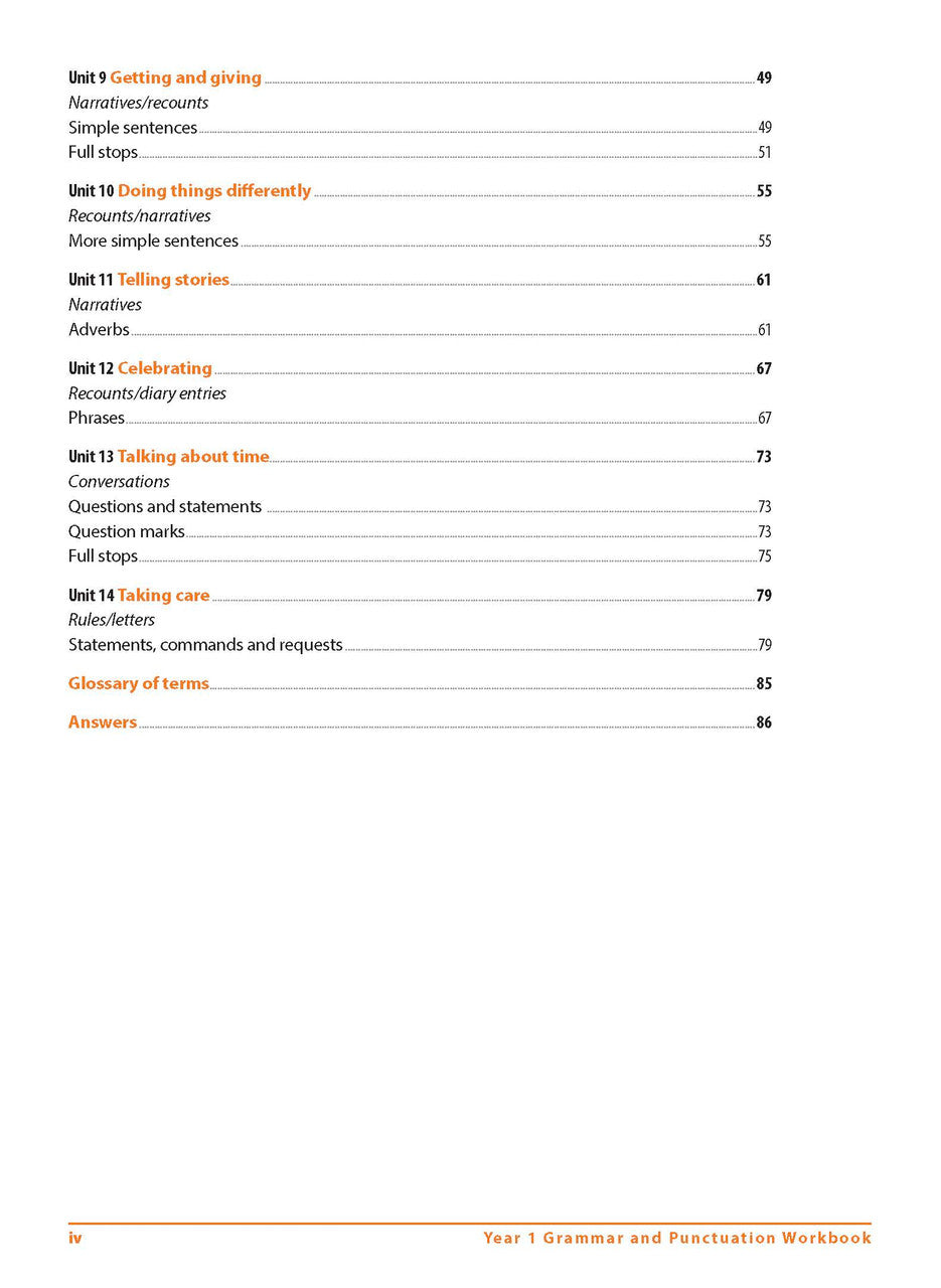Contents page iv of Excel Grammar and Punctuation Workbook Year 1 listing the themed units, glossary and answers section