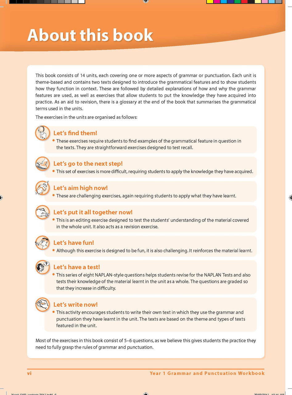 Front-section page vi of Excel Grammar and Punctuation Workbook Year 1, part of the introductory pages that come before the themed units
