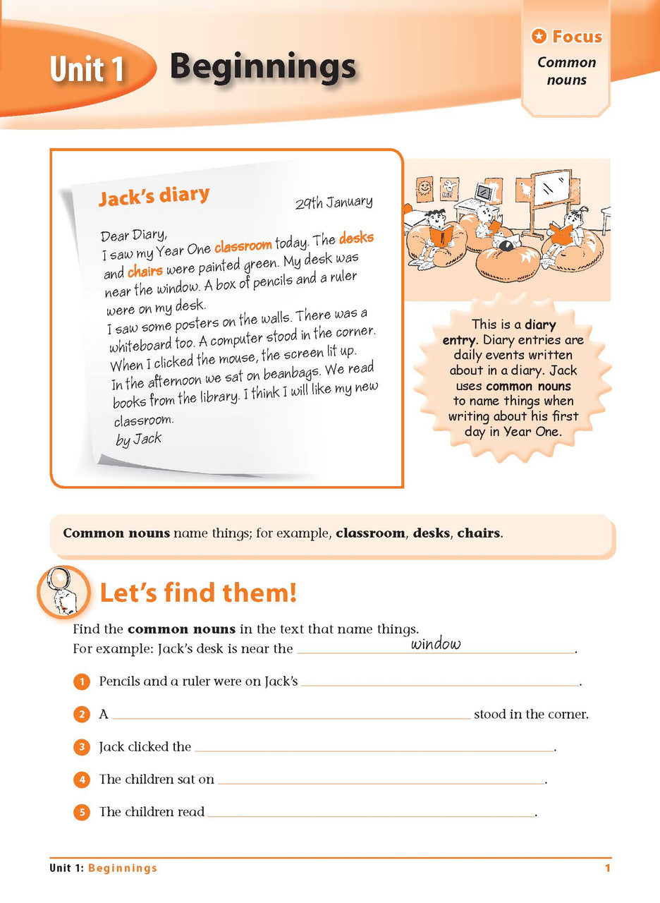 Sample interior page 1 from Excel Grammar and Punctuation Workbook Year 1 showing the workbook's English activities and questions