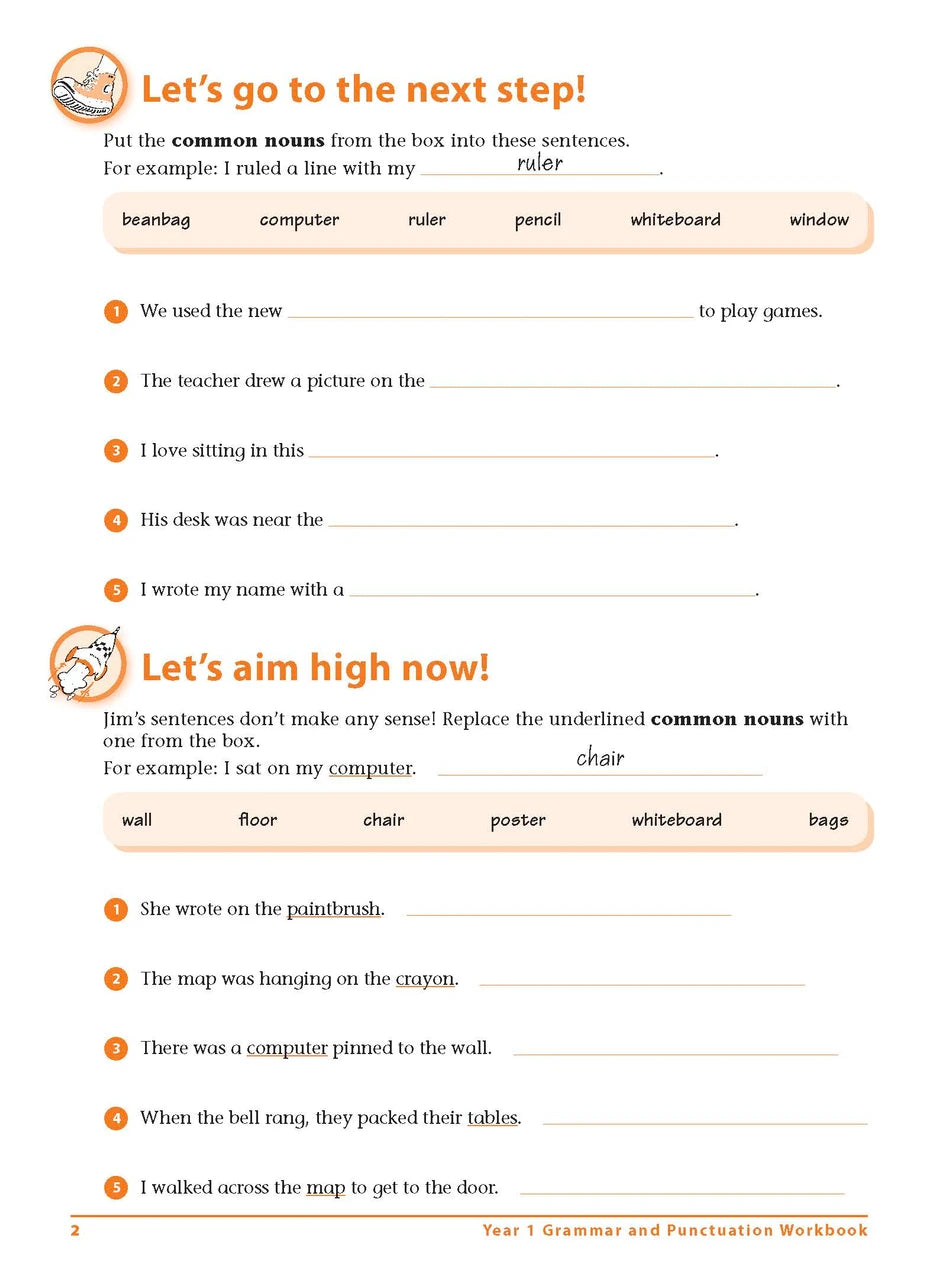 Sample interior page 2 from Excel Grammar and Punctuation Workbook Year 1 showing the workbook's English activities and questions