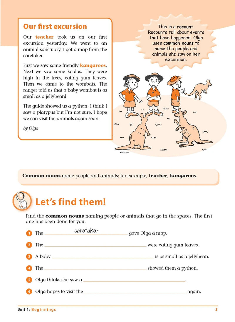 Sample interior page 3 from Excel Grammar and Punctuation Workbook Year 1 showing the workbook's English activities and questions