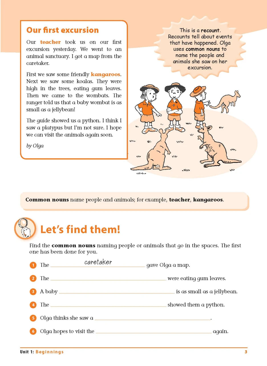 Sample interior page 3 from Excel Grammar and Punctuation Workbook Year 1 showing the workbook's English activities and questions