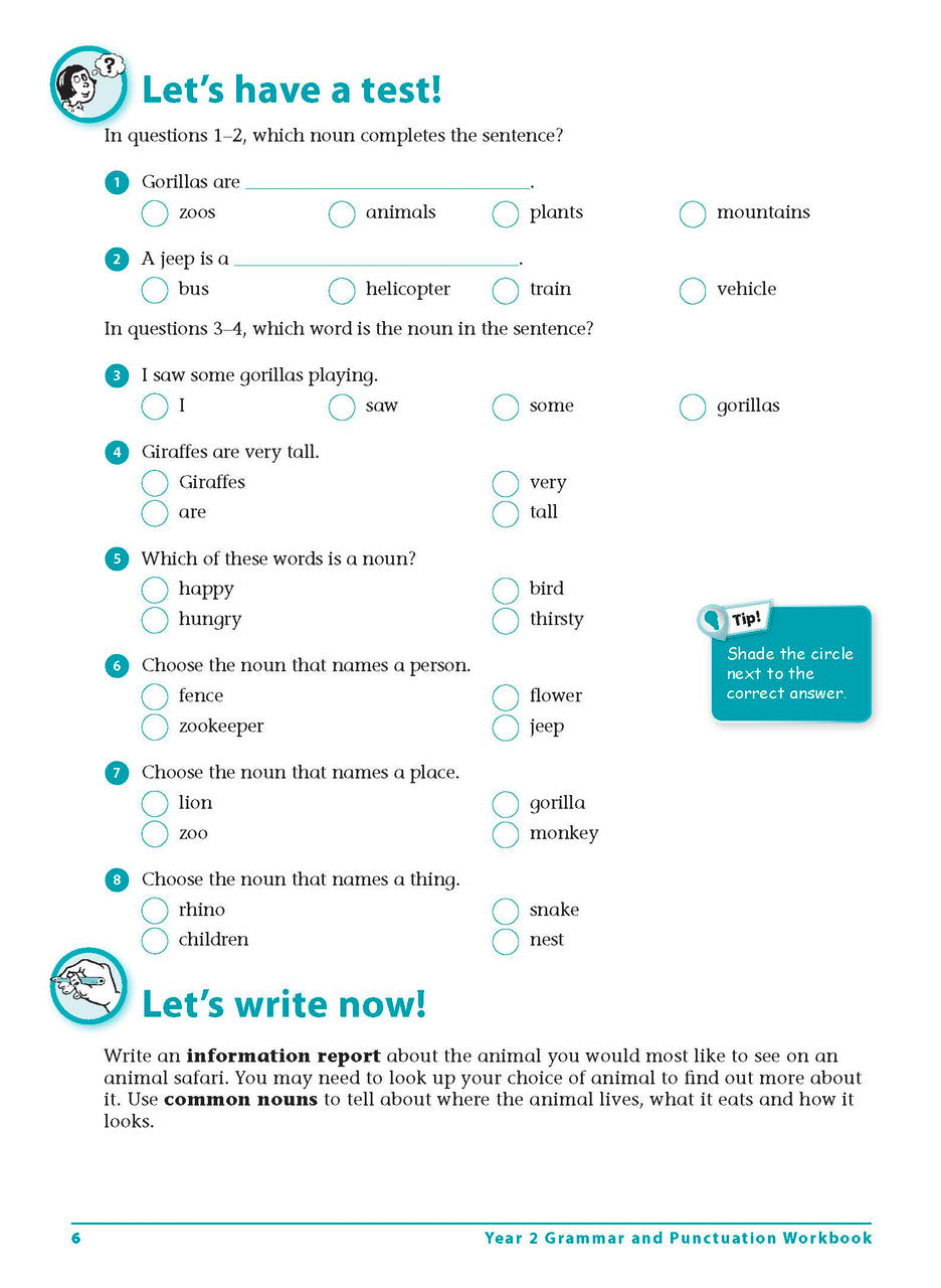 Sample interior page 6 from Excel Grammar and Punctuation Workbook Year 2 showing the workbook's English activities and questions