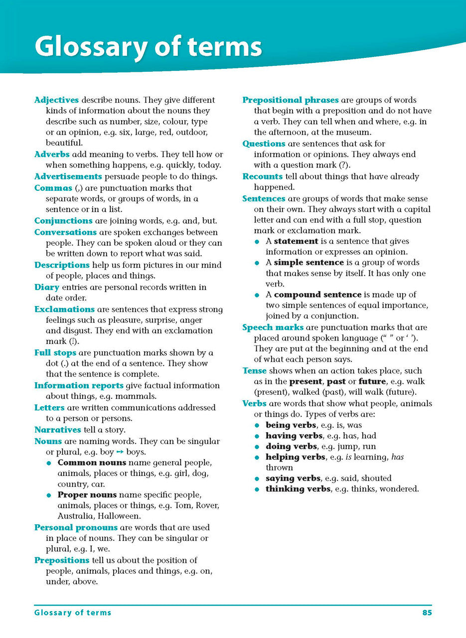 Sample interior page 85 from Excel Grammar and Punctuation Workbook Year 2 showing the workbook's English activities and questions