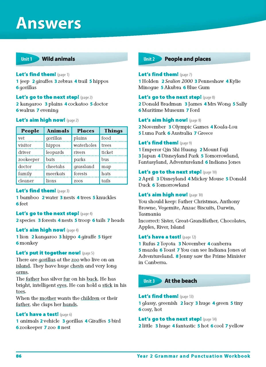 Sample interior page 86 from Excel Grammar and Punctuation Workbook Year 2 showing the workbook's English activities and questions