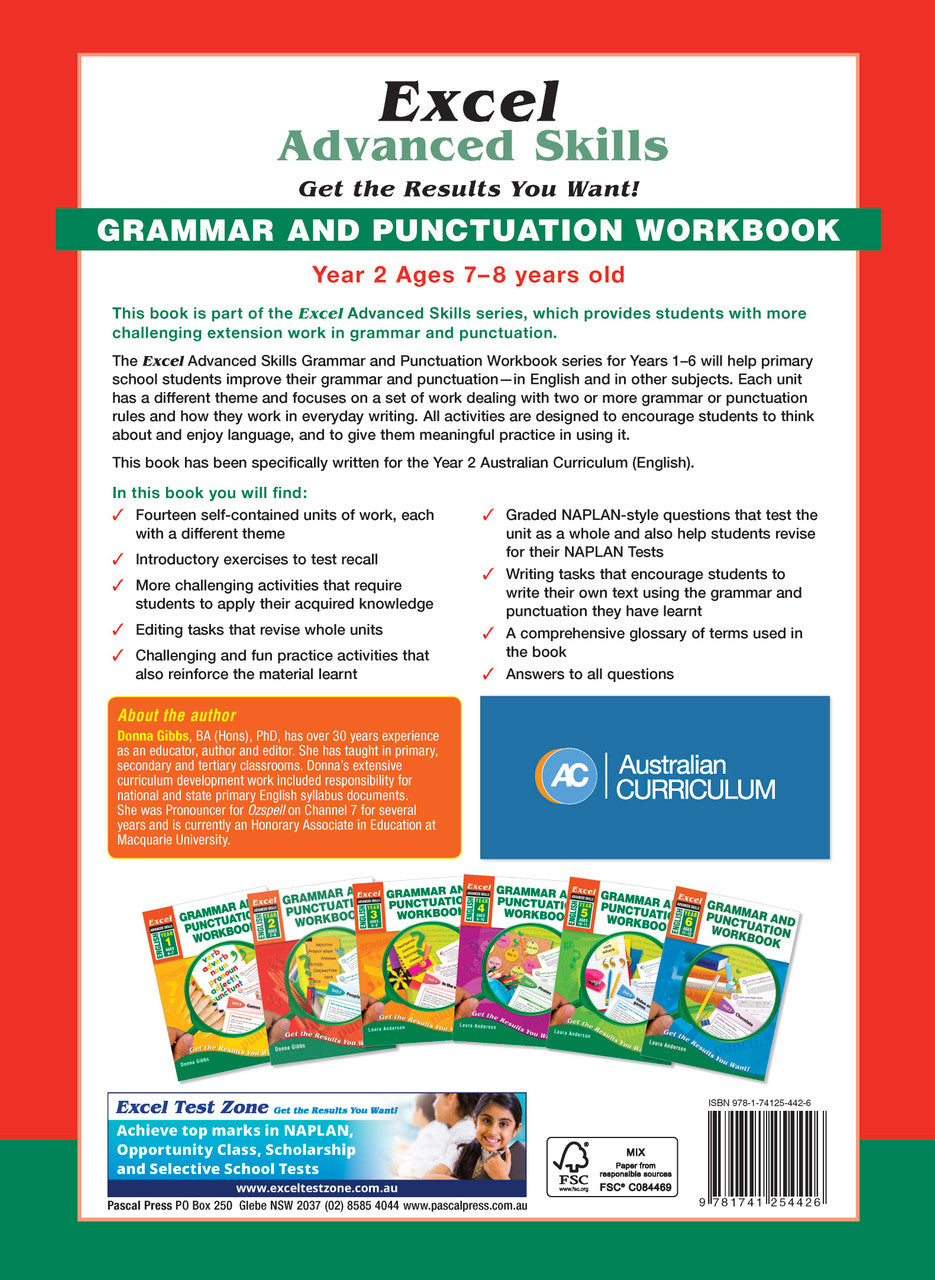 Back cover of Excel Grammar and Punctuation Workbook Year 2 with the publisher's summary of what the workbook covers