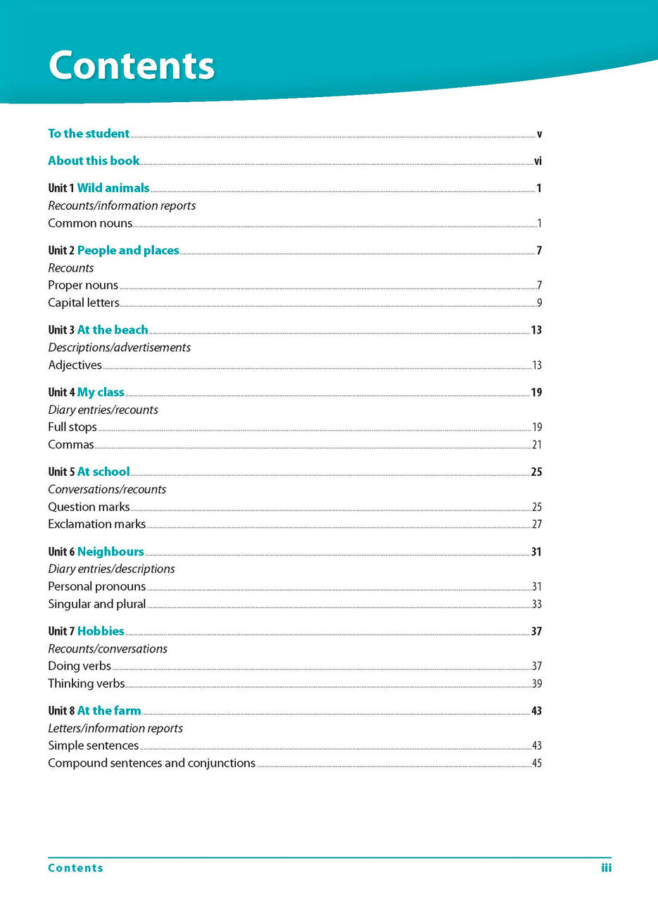 Contents page iii of Excel Grammar and Punctuation Workbook Year 2 listing the themed units, glossary and answers section