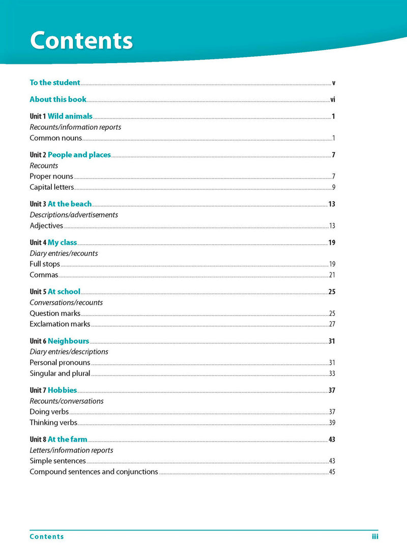 Contents page iii of Excel Grammar and Punctuation Workbook Year 2 listing the themed units, glossary and answers section