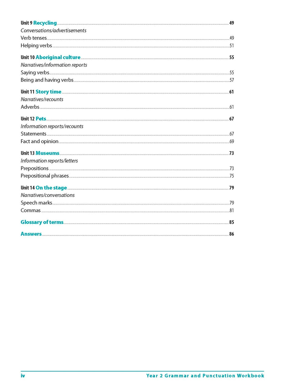 Contents page iv of Excel Grammar and Punctuation Workbook Year 2 listing the themed units, glossary and answers section