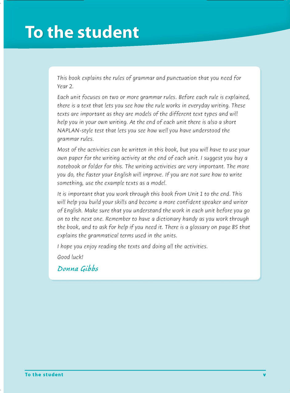 Front-section page v of Excel Grammar and Punctuation Workbook Year 2, part of the introductory pages that come before the themed units