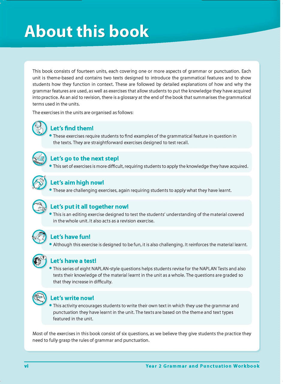 Front-section page vi of Excel Grammar and Punctuation Workbook Year 2, part of the introductory pages that come before the themed units