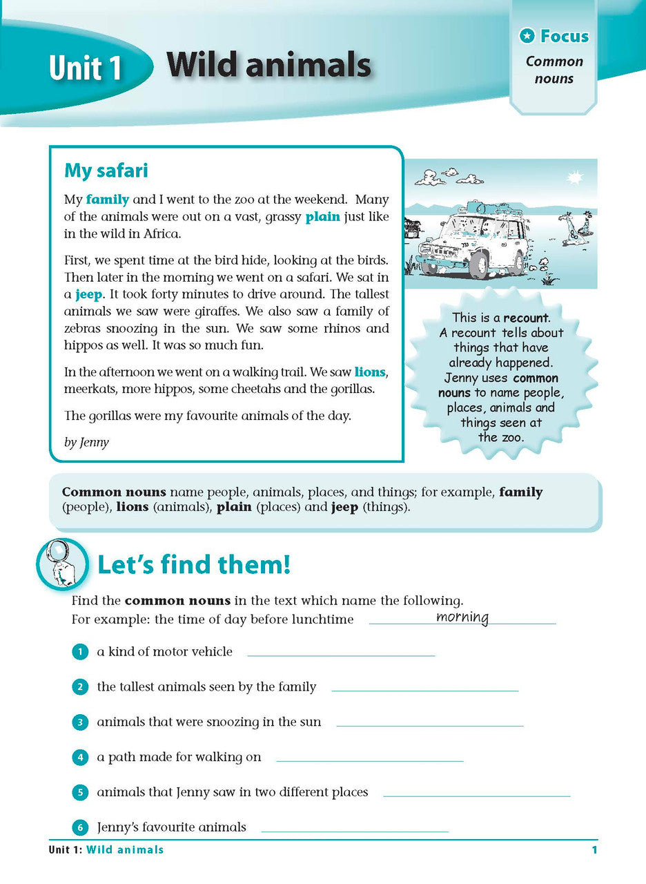 Sample interior page 1 from Excel Grammar and Punctuation Workbook Year 2 showing the workbook's English activities and questions