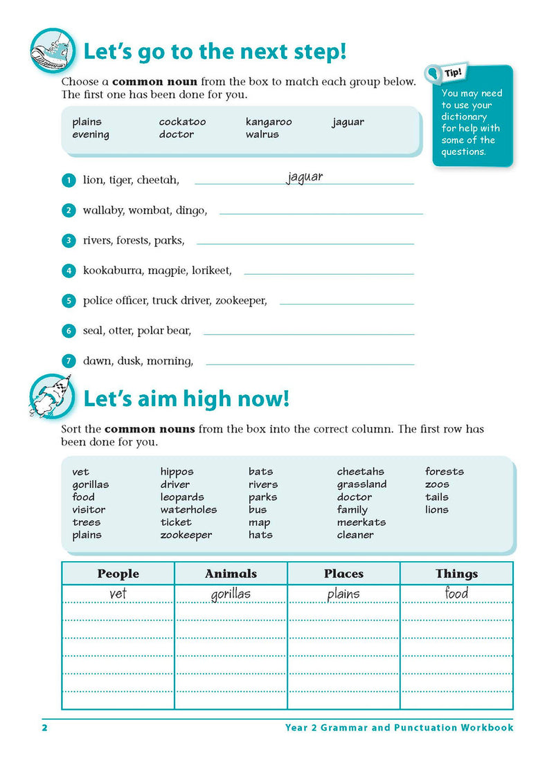Sample interior page 2 from Excel Grammar and Punctuation Workbook Year 2 showing the workbook's English activities and questions