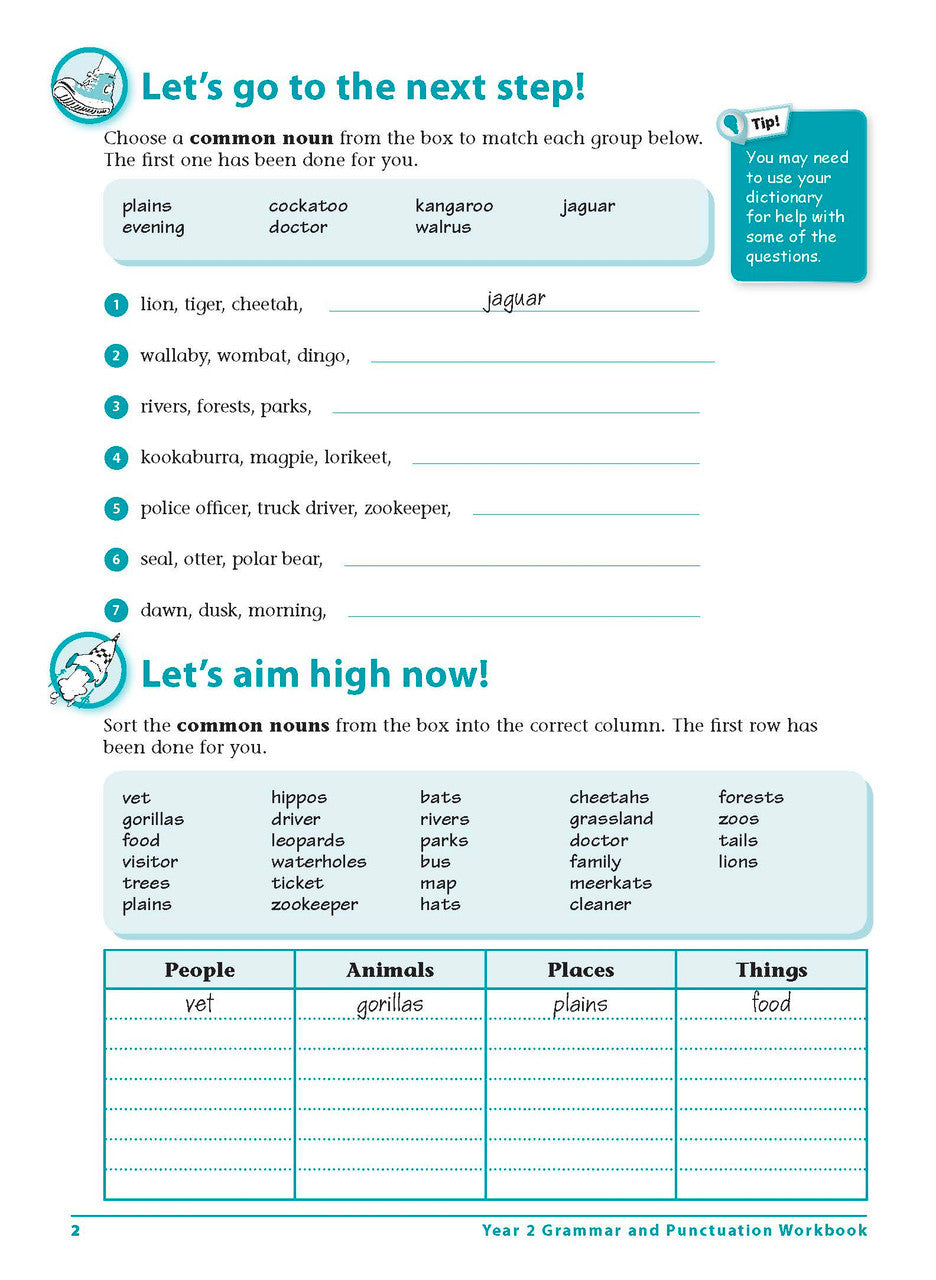 Sample interior page 2 from Excel Grammar and Punctuation Workbook Year 2 showing the workbook's English activities and questions
