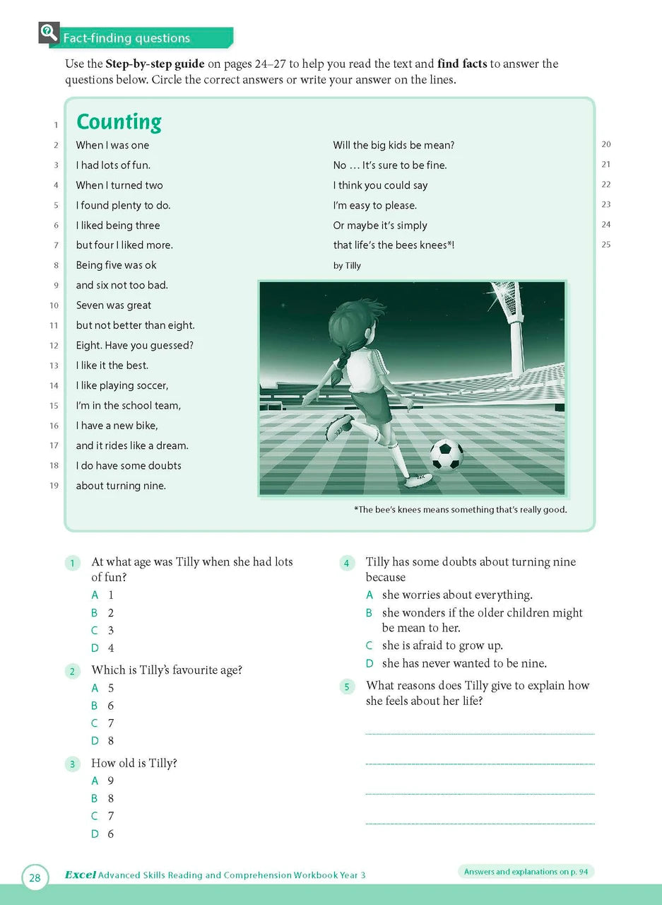 Sample interior page from Excel Advanced Skills Reading and Comprehension Workbook Year 3 showing practice activities and exercises for students