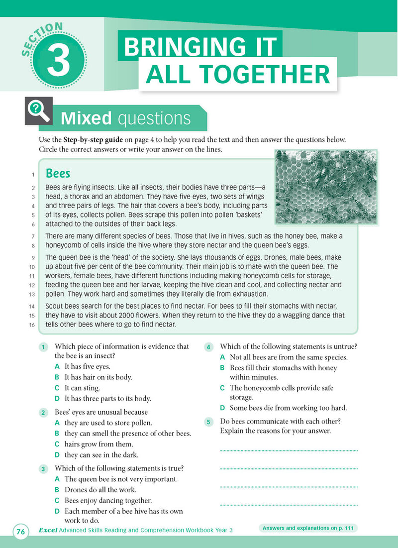 Sample interior page from Excel Advanced Skills Reading and Comprehension Workbook Year 3 showing practice activities and exercises for students