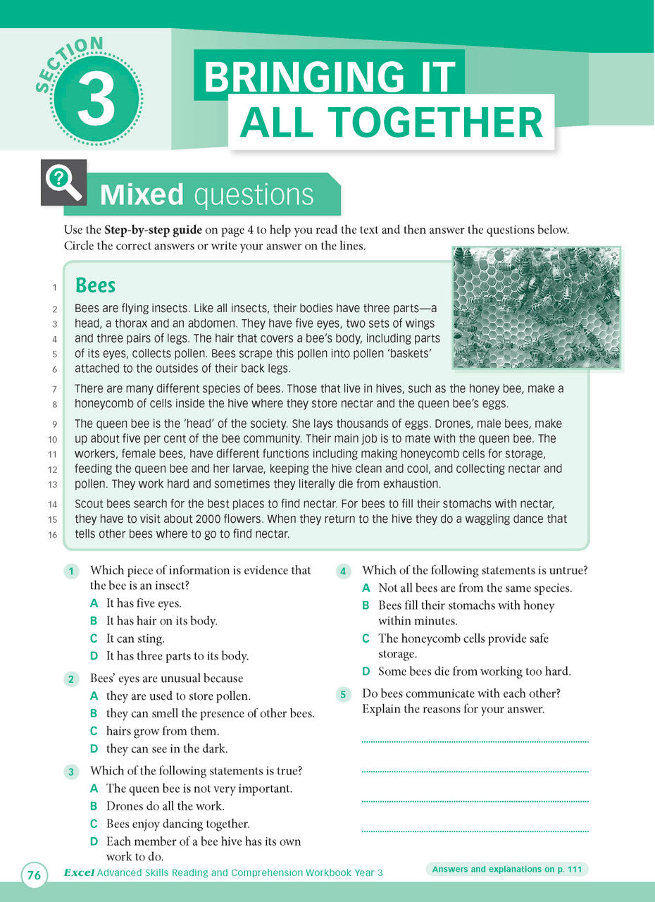 Sample interior page from Excel Advanced Skills Reading and Comprehension Workbook Year 3 showing practice activities and exercises for students