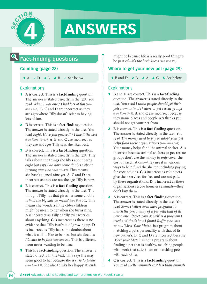 Sample interior page from Excel Advanced Skills Reading and Comprehension Workbook Year 3 showing practice activities and exercises for students