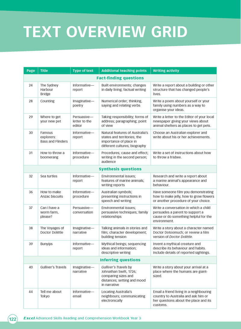 Sample interior page from Excel Advanced Skills Reading and Comprehension Workbook Year 3 showing practice activities and exercises for students