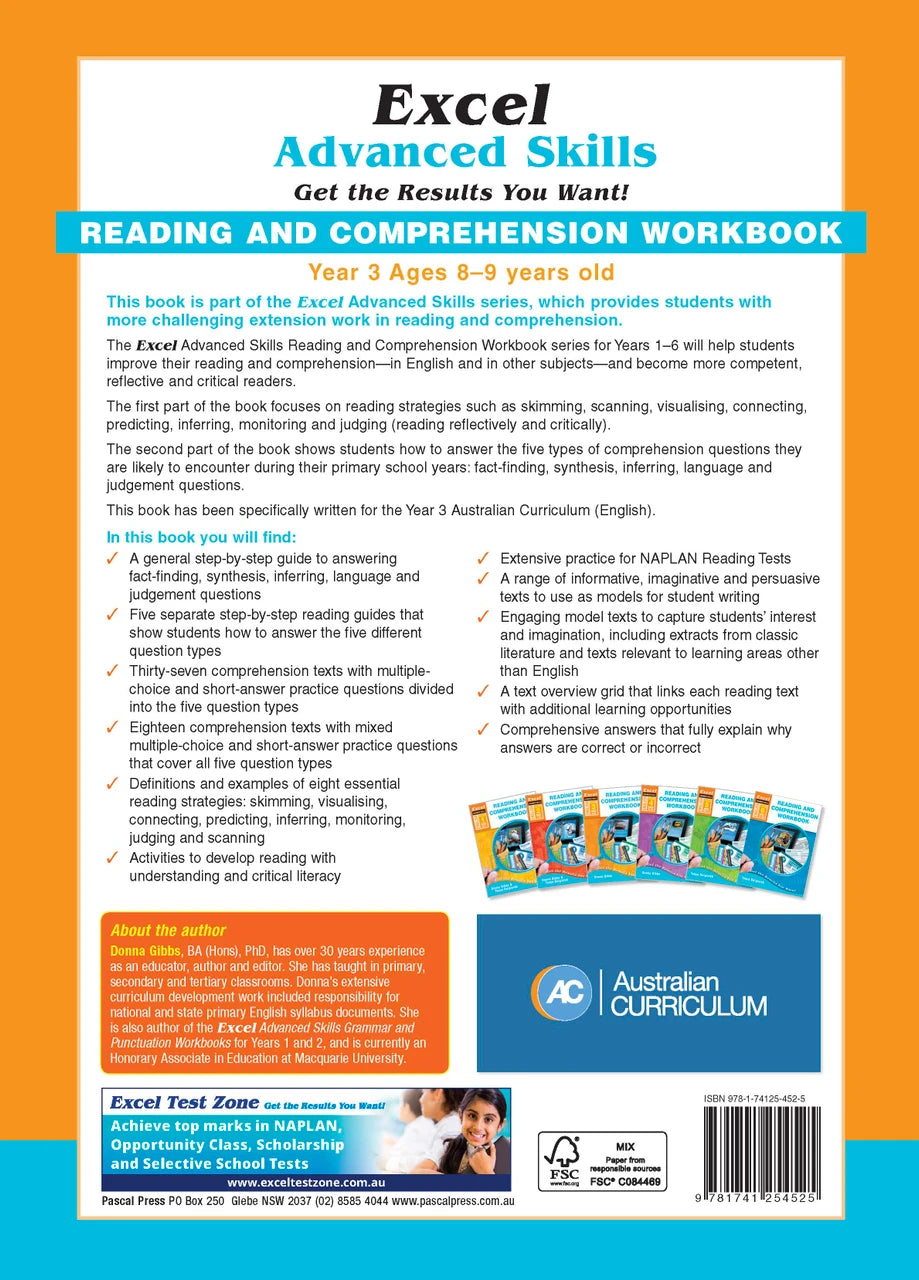 Back cover of Excel Advanced Skills Reading and Comprehension Workbook Year 3 showing the publisher's summary of the book and the Excel Advanced Skills series