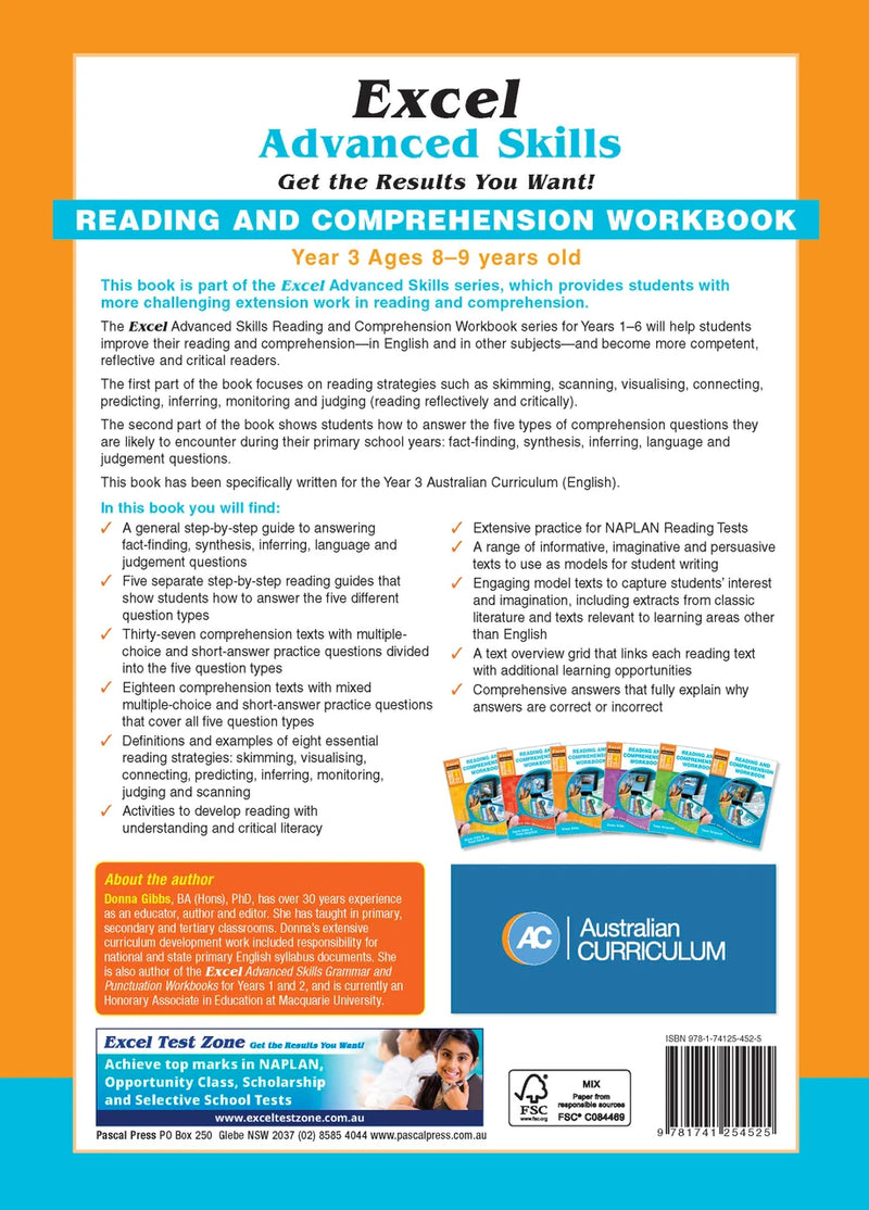 Back cover of Excel Advanced Skills Reading and Comprehension Workbook Year 3 showing the publisher's summary of the book and the Excel Advanced Skills series