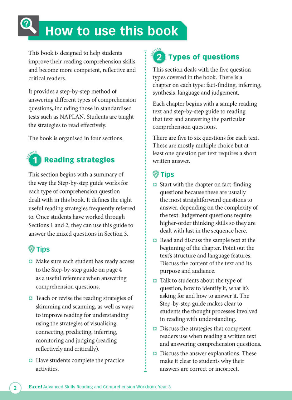 Sample interior page from Excel Advanced Skills Reading and Comprehension Workbook Year 3 showing practice activities and exercises for students