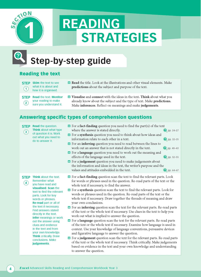 Sample interior page from Excel Advanced Skills Reading and Comprehension Workbook Year 3 showing practice activities and exercises for students