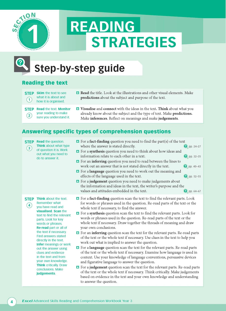 Sample interior page from Excel Advanced Skills Reading and Comprehension Workbook Year 3 showing practice activities and exercises for students