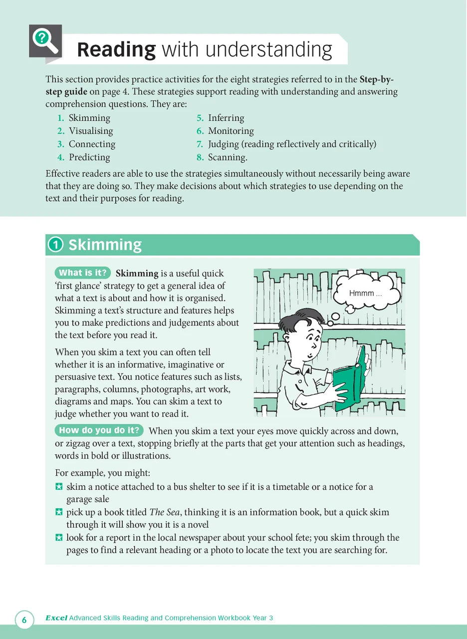 Sample interior page from Excel Advanced Skills Reading and Comprehension Workbook Year 3 showing practice activities and exercises for students