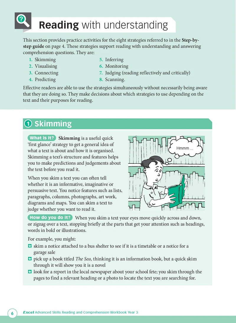 Sample interior page from Excel Advanced Skills Reading and Comprehension Workbook Year 3 showing practice activities and exercises for students
