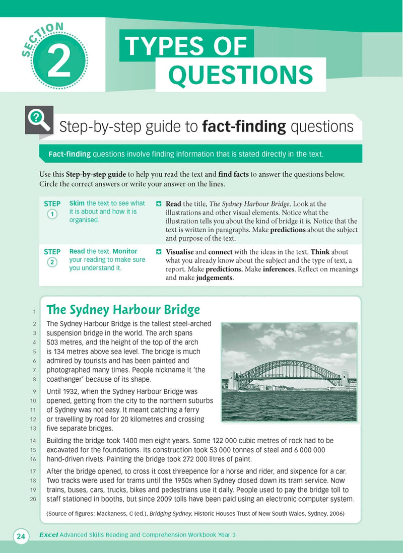 Sample interior page from Excel Advanced Skills Reading and Comprehension Workbook Year 3 showing practice activities and exercises for students